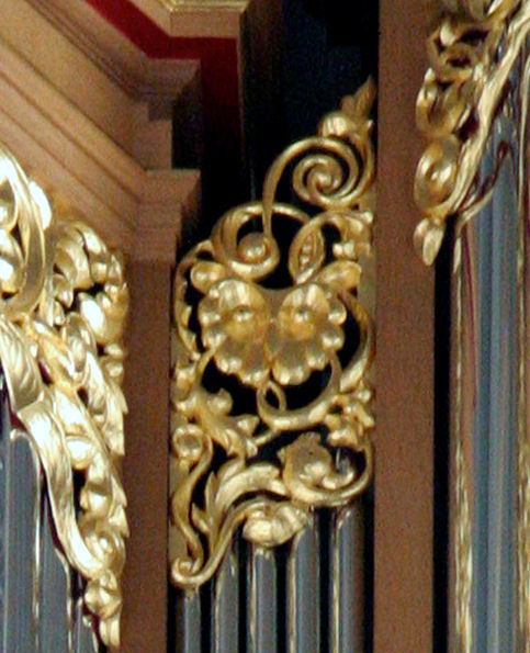 Pipe shade carving, Carved owl, Fritts pipe organ, St Marks, Seattle, WA